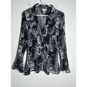 Bethany Women’s Bohemian Blouse Button Up Sheer Black White Vneck Sz XXL